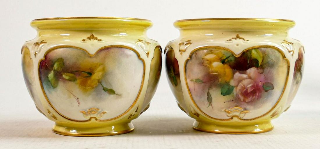 Pair Royal Worcester Hadley ware hand painted Roses design vases: Green backstamp, height 8cm (2): Pair Royal Worcester Hadley ware hand painted Roses design vases: Green backstamp, height 8cm (2)