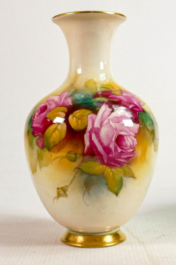 Royal Worcester hand painted Roses design vase signed M Hunt: Puce backstamp, height 19.5cm: Royal Worcester hand painted Roses design vase signed M Hunt: Puce backstamp, height 19.5cm