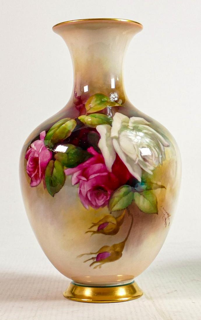 Royal Worcester hand painted Roses design vase signed H Martin: Green backstamp, height 19.5cm: Royal Worcester hand painted Roses design vase signed H Martin: Green backstamp, height 19.5cm