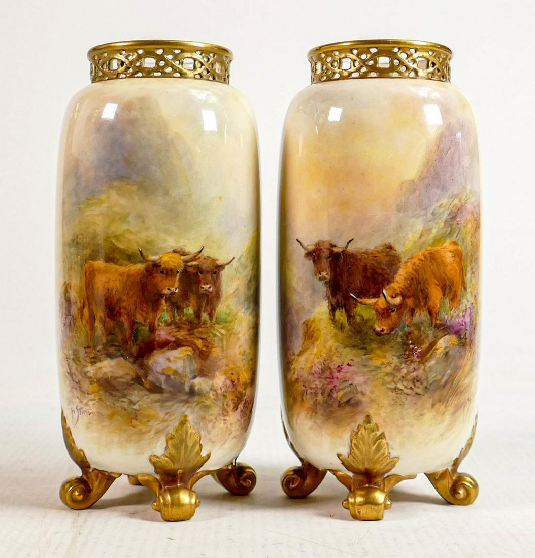 Pair Royal Worcester hand painted Highland Cattle design vases signed H Stinton: Green backstamp,: Pair Royal Worcester hand painted Highland Cattle design vases signed H Stinton: Green backstamp, height 15cm (2)