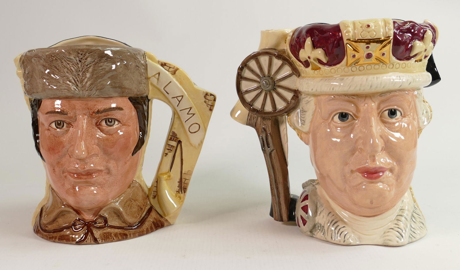 Royal Doulton Large two Sided Character jugs George III & George Washington D6749 & Crockett &: Royal Doulton Large two Sided Character jugs George III & George Washington D6749 & Crockett & Antonio Lopez D67292(2)