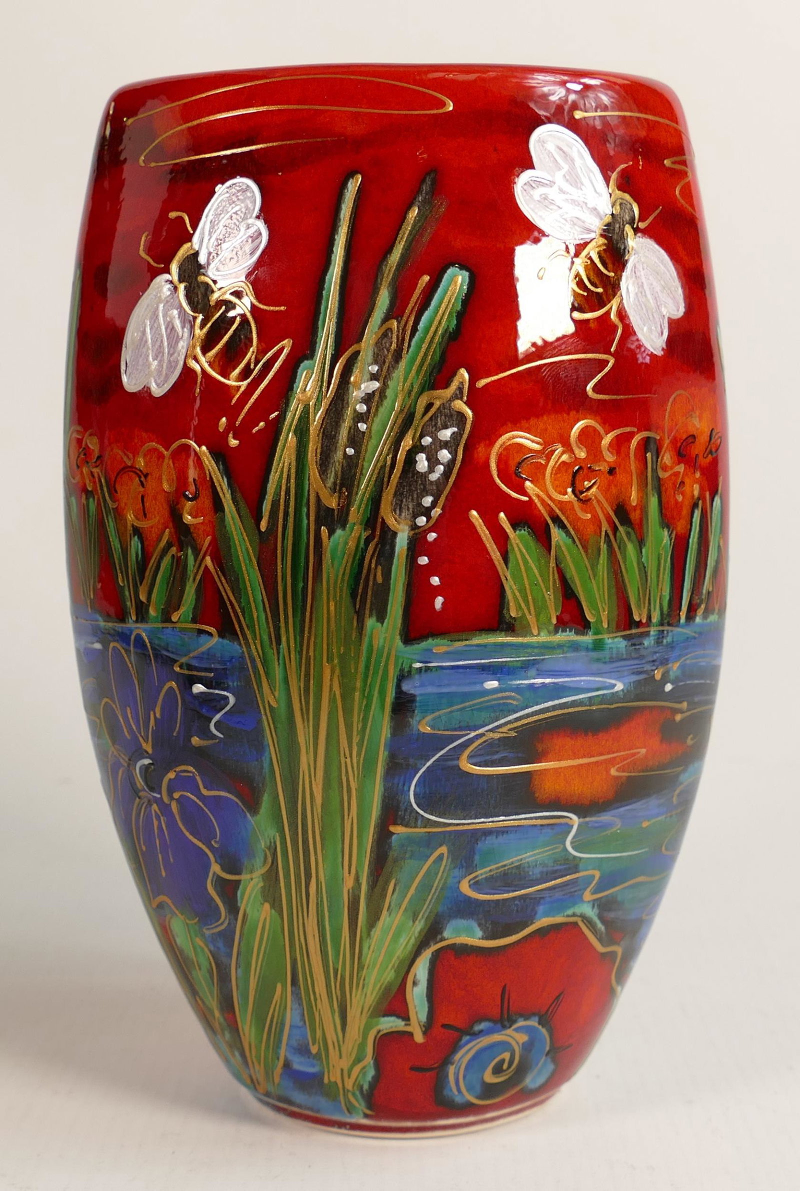 Anita Harris Honey Bee Brook oval vase: Gold signed to base, height 19cm: Anita Harris Honey Bee Brook oval vase: Gold signed to base, height 19cm