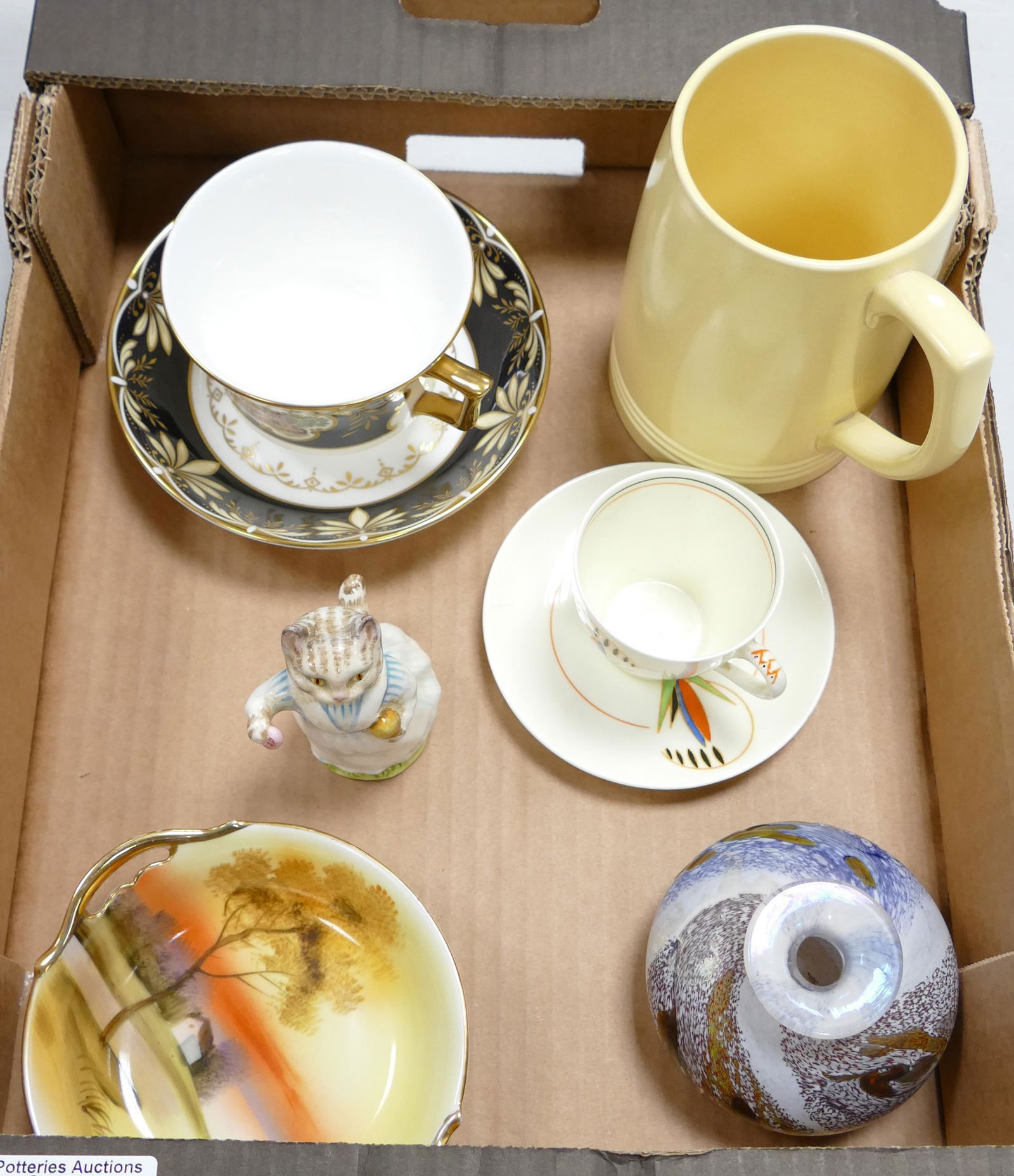 A mixed collection of pottery: including Wedgwood Keith Murray straw glazed tankard, Wedgwood cup &: A mixed collection of pottery: including Wedgwood Keith Murray straw glazed tankard, Wedgwood cup & saucer, Royal Doulton cup & saucer, Art glass vase etc