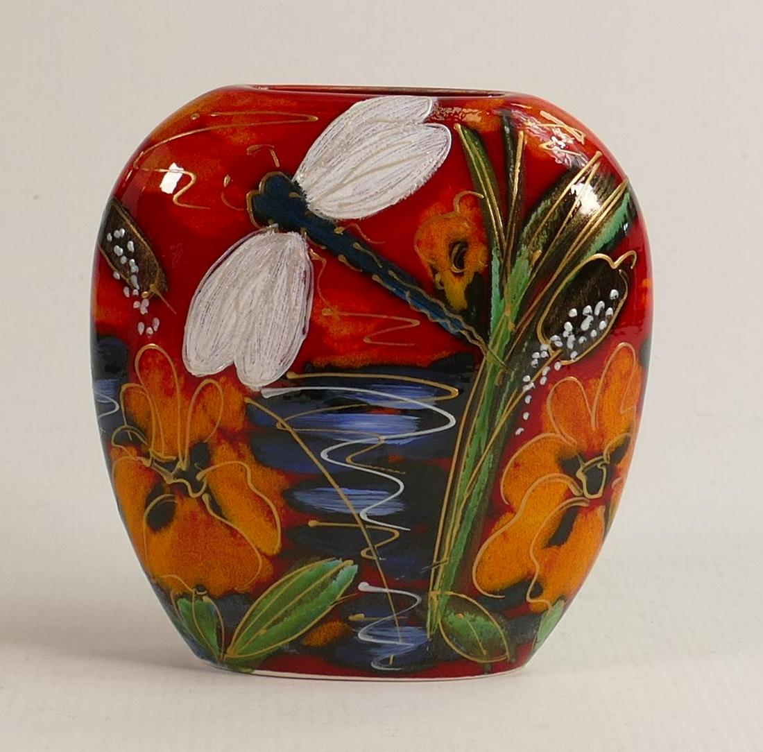Anita Harris Vibrant dragonfly reeds & iris purse vase. Gold signed to base. Height 12cm: Anita Harris Vibrant dragonfly reeds & iris purse vase. Gold signed to base. Height 12cm