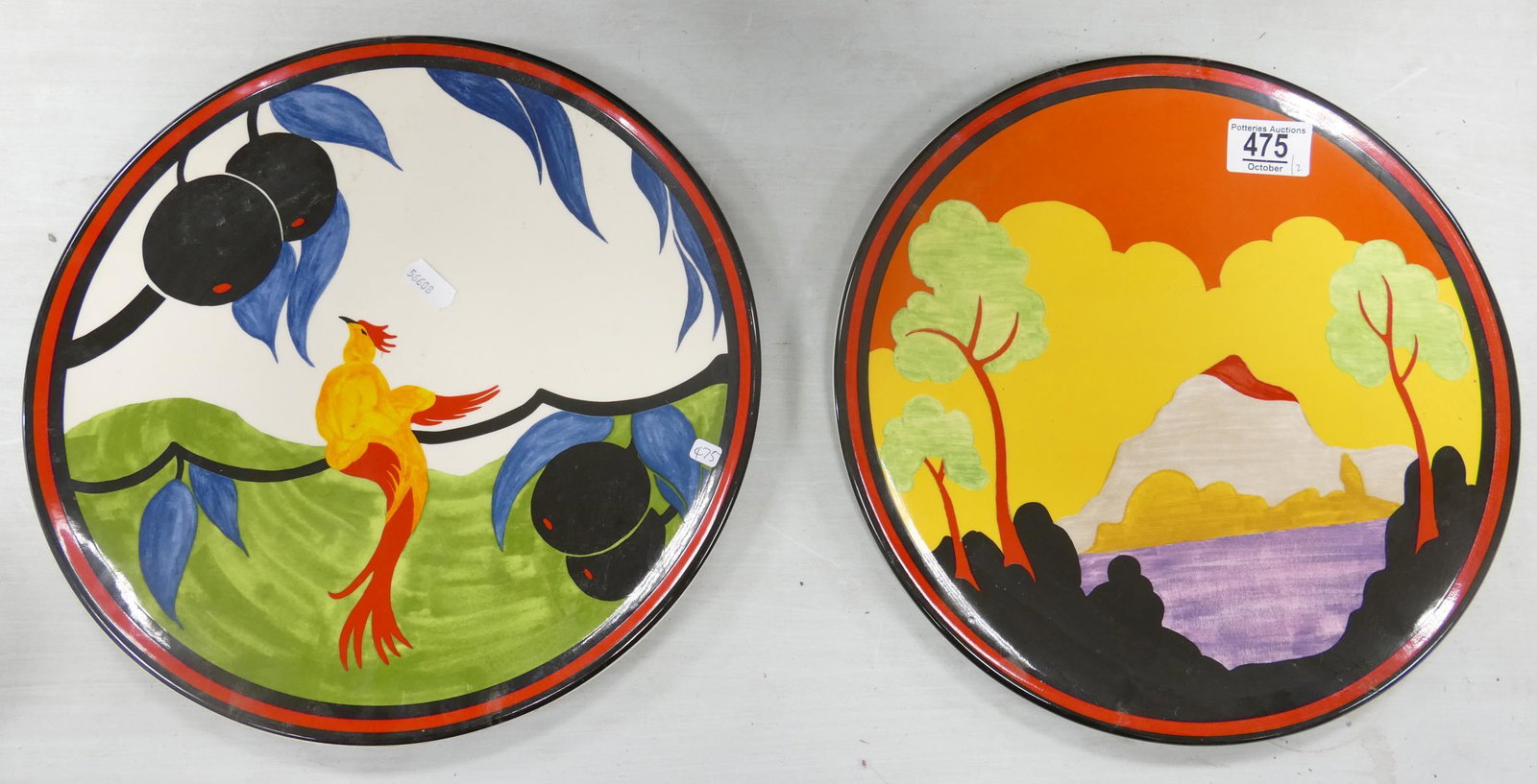 Wedgwood Limited Edition Centenary Clarice Cliff Wall Chargers in the Bird of Paradise & Etna: Wedgwood Limited Edition Centenary Clarice Cliff Wall Chargers in the Bird of Paradise & Etna Designs, each diameter 30.5cm(2)