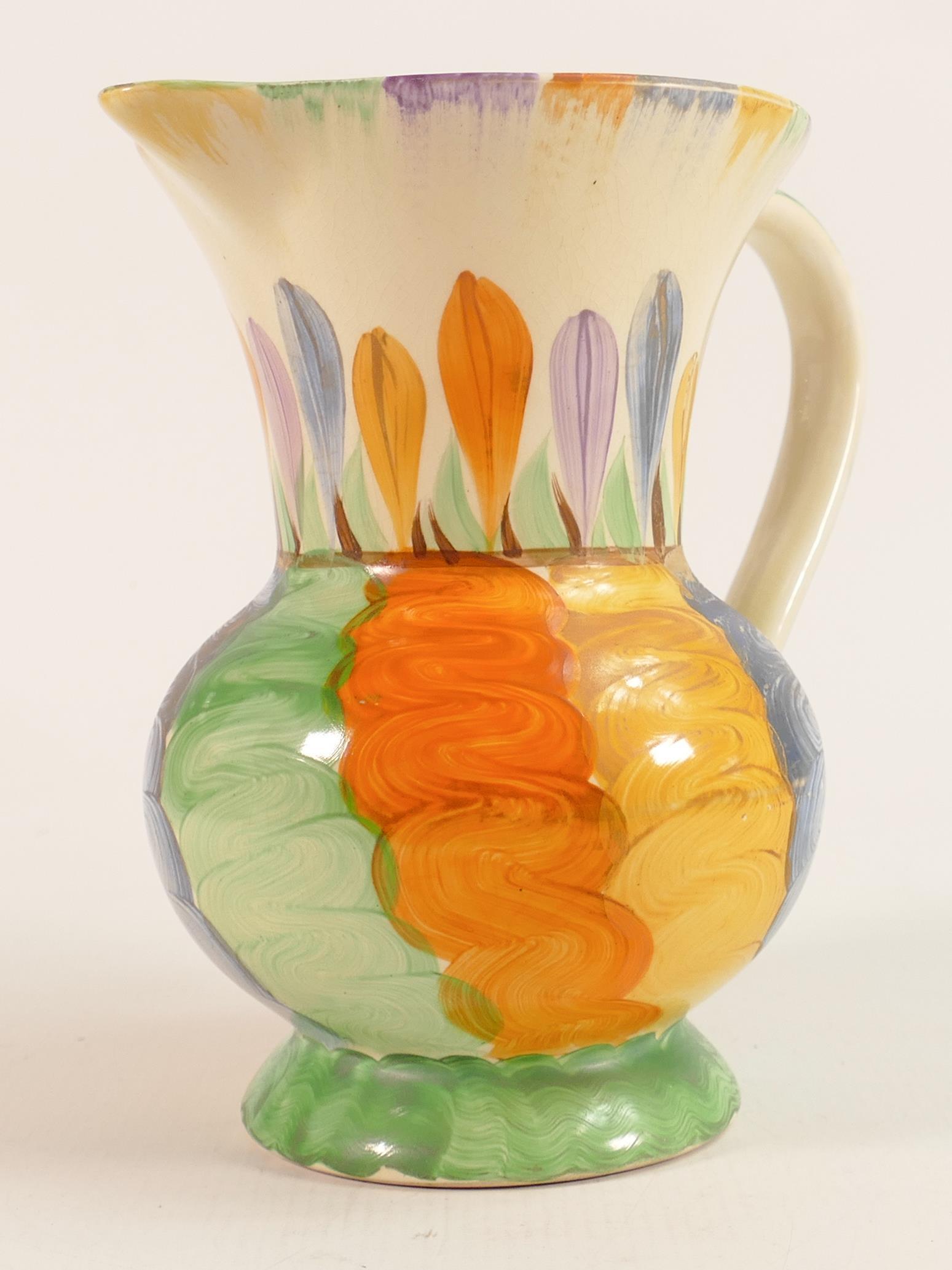Clarice Cliff Newport Pottery Crocus patterned jug, height 19cm.: Clarice Cliff Newport Pottery Crocus patterned jug, height 19cm.