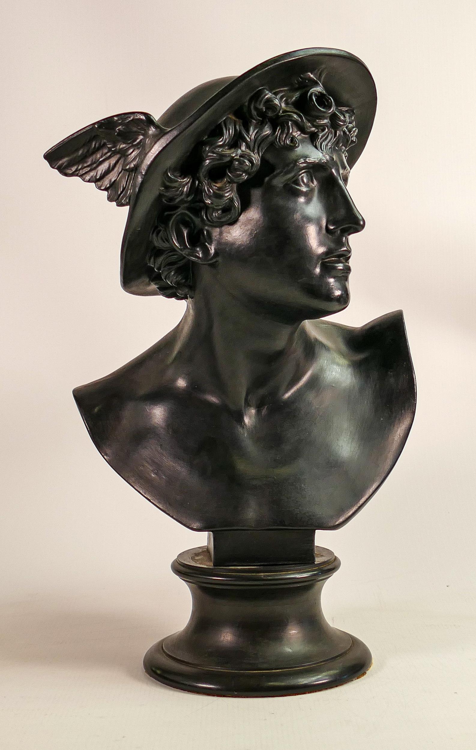 Wedgwood black basalt large bust of Mercury, 19th Century, mounted atop a waisted circular socle,: Wedgwood black basalt large bust of Mercury, 19th Century, mounted atop a waisted circular socle, h.44cm. 2cm production fault in dimple of neck.