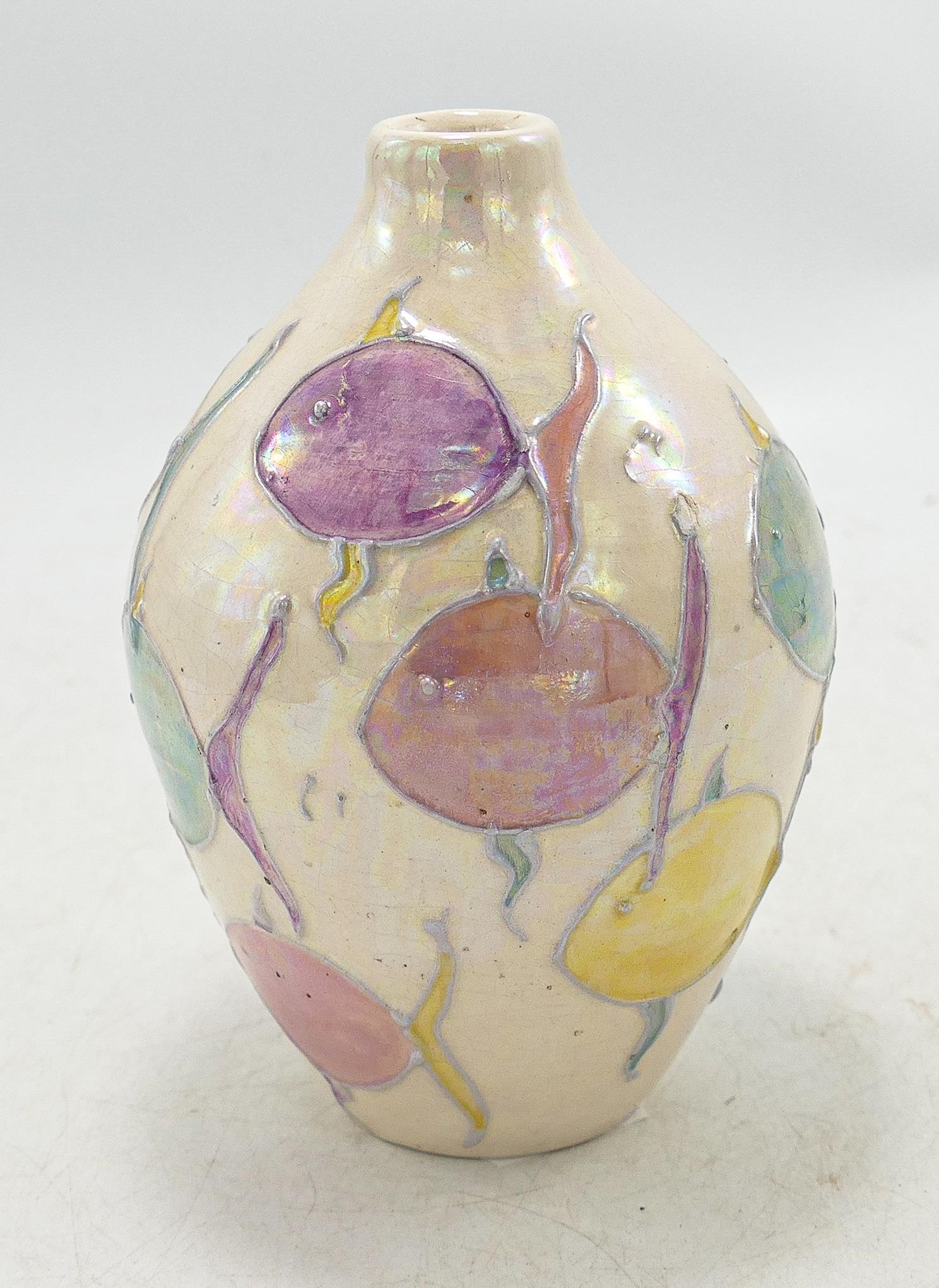Lise B Moorcroft lustred vase decorated with graphic fish, dated 2000, h.12.5cm.: Lise B Moorcroft lustred vase decorated with graphic fish, dated 2000, h.12.5cm.