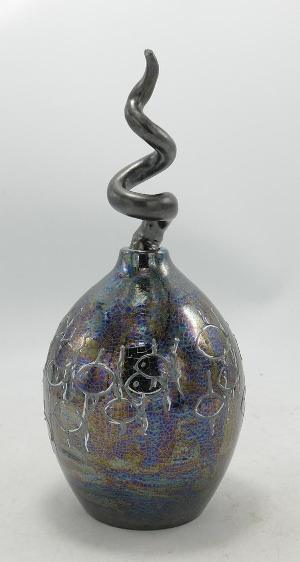 Lise B Moorcroft lustred experimental vase with abstract modelled stopper in a petrol lustre finish,: Lise B Moorcroft lustred experimental vase with abstract modelled stopper in a petrol lustre finish, dated 2008, h.23cm.