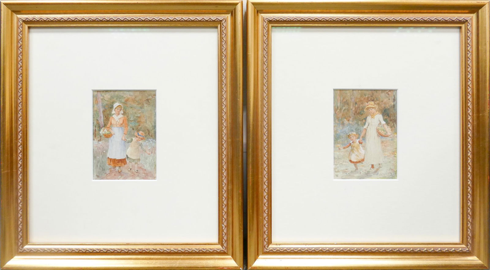Ada Dennis, pair of watercolour paintings of woman and children picking flowers, 8 x 11cm, in gilt: Ada Dennis, pair of watercolour paintings of woman and children picking flowers, 8 x 11cm, in gilt frames. (2)Ada Dennis was an Royal Doulton artist in the late 19th & early 20th century.
