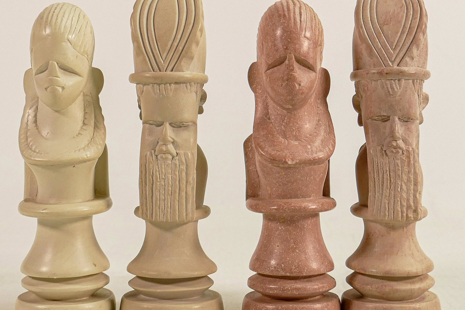 African soft stone carved chess set, 32 pieces, height of King 11.5cm.: African soft stone carved chess set, 32 pieces, height of King 11.5cm.