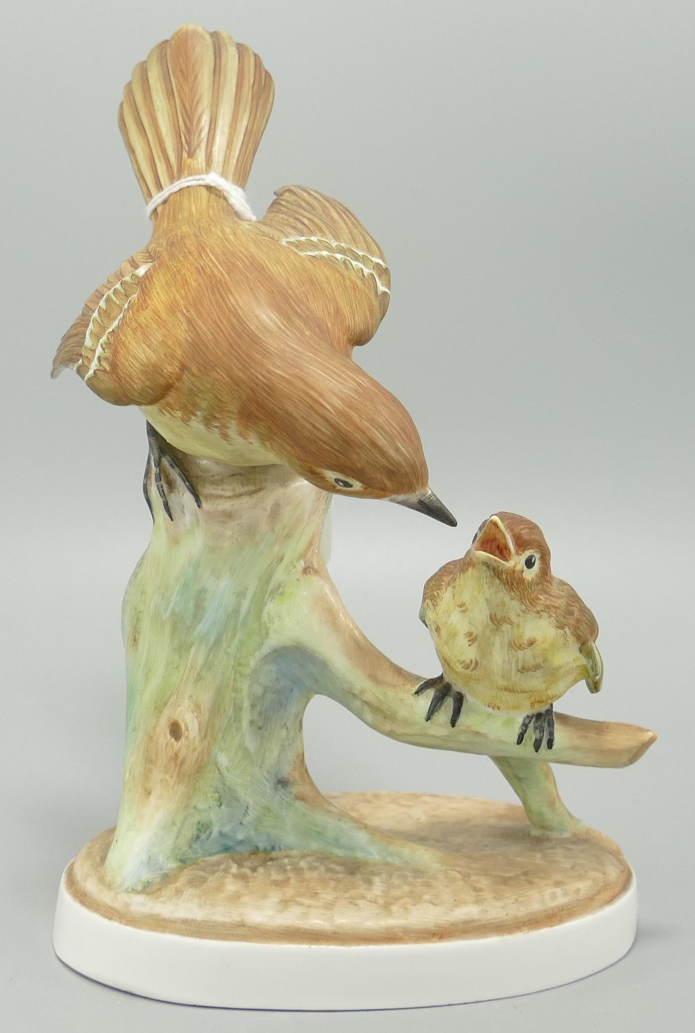 Crown Staffs larger bird model by Doris Lindner, flycatcher & young, measuring 18cm high.: Crown Staffs larger bird model by Doris Lindner, flycatcher & young, measuring 18cm high.