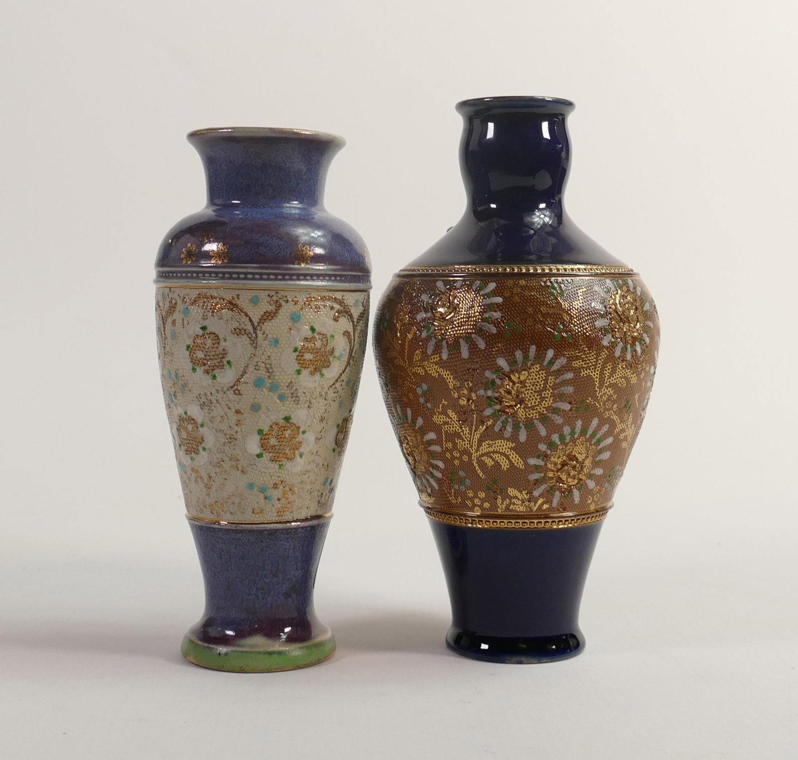 Royal Doulton Lambeth Stoneware Vases, height of tallest 18cm(2): Royal Doulton Lambeth Stoneware Vases, height of tallest 18cm(2)