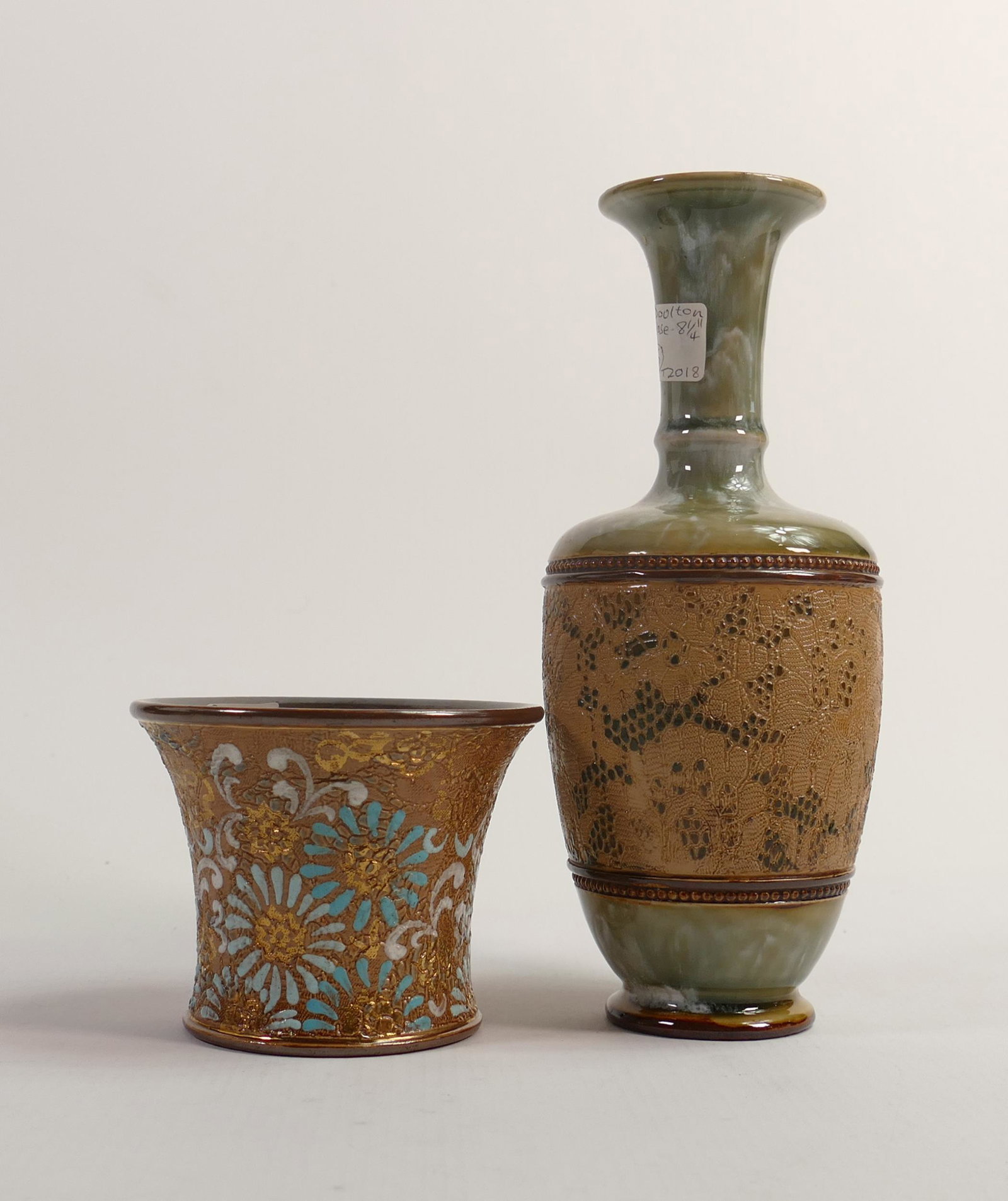 Royal Doulton Lambeth Stoneware Vases, height of tallest 20cm(2): Royal Doulton Lambeth Stoneware Vases, height of tallest 20cm(2)