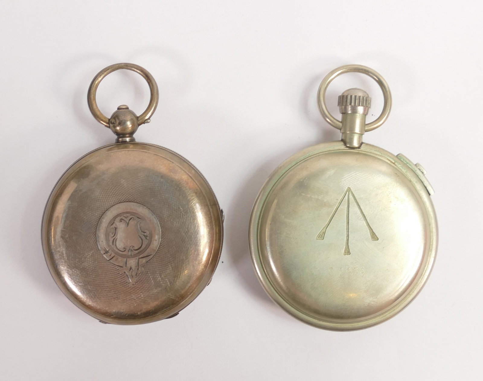 Silver English Lever key wound silver cased gents pocket watch, key missing but balance swings: Silver English Lever key wound silver cased gents pocket watch, key missing but balance swings freely, together with military issue pocket stop watch, balance swings, ticks for a few seconds.