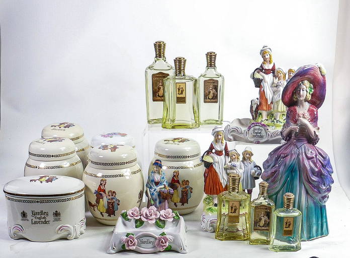 A collection of Yardley English Lavender figures, soap dishes, perfume