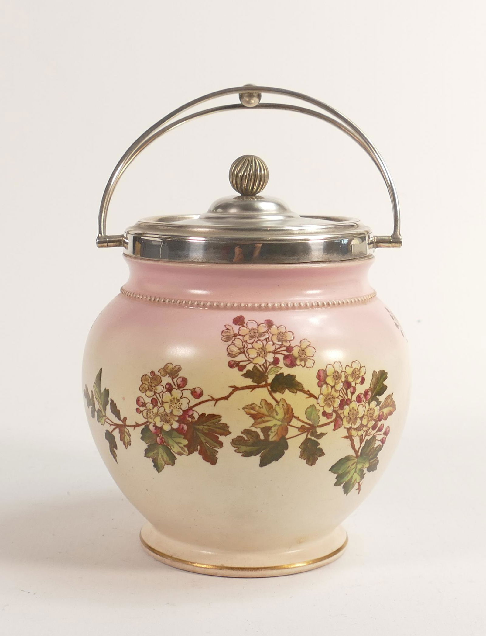 Carlton Blush ware metal mounted biscuit barrel with faded Royal May decoration, by Wiltshaw &: Carlton Blush ware metal mounted biscuit barrel with faded Royal May decoration, by Wiltshaw & Robinson, c1900, height 23cm