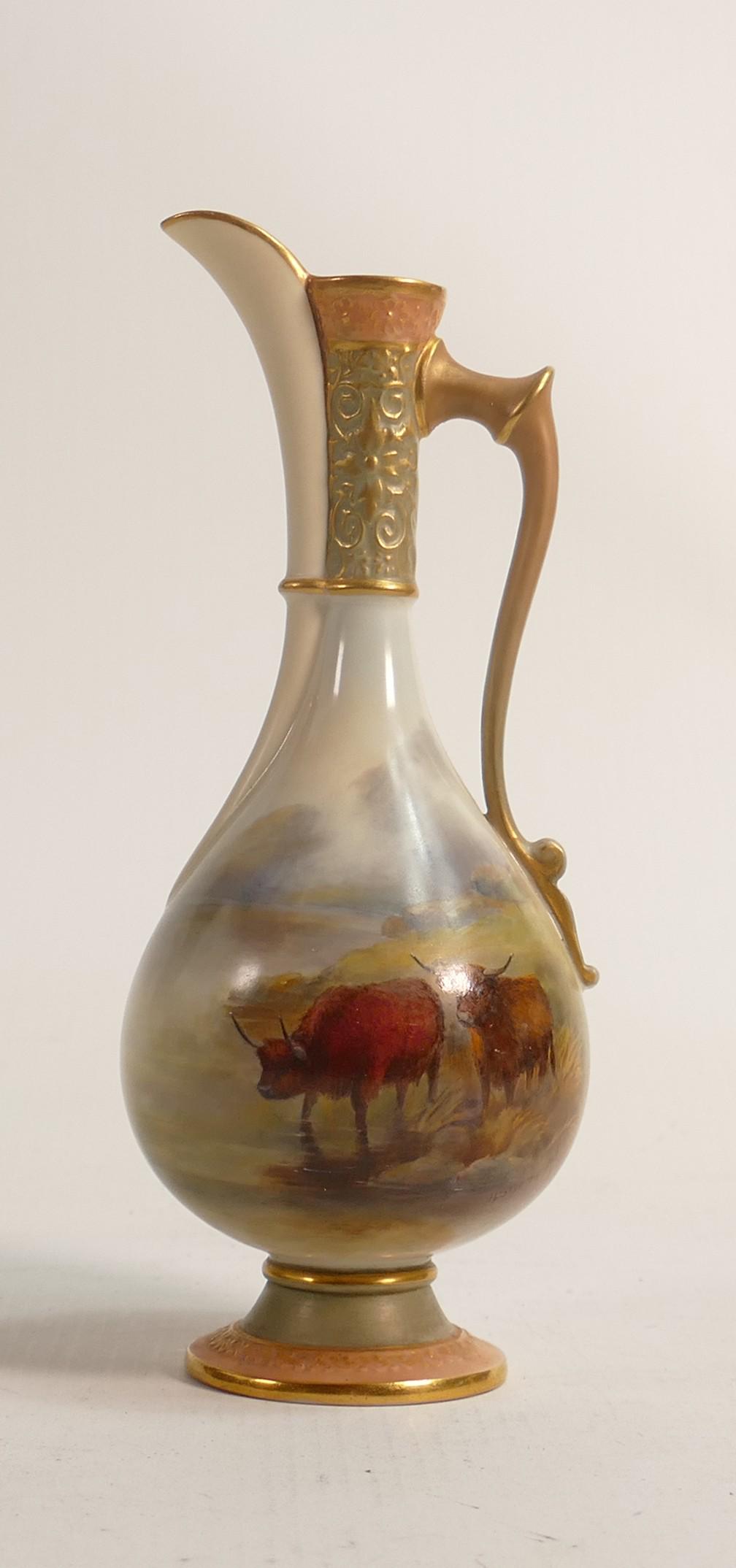 Royal Worcester gilded ewer, hand painted with highland cattle by H Stinton, puce marks and dated (1 of 3)