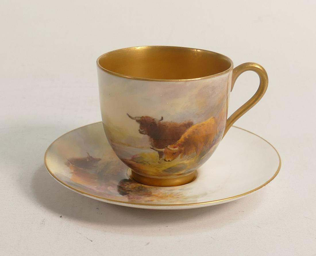 Royal Worcester small cup & saucer, hand painted with Highland cattle by H Stinton, puce mark, cup (1 of 3)