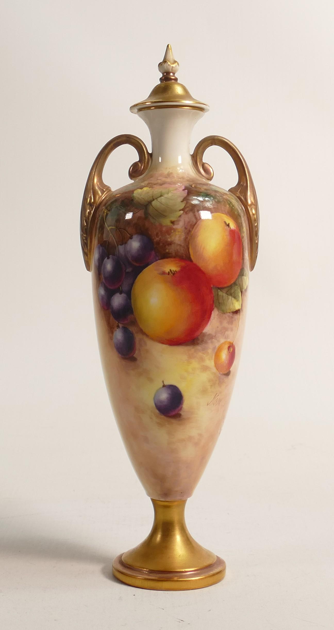 Royal Worcester two handled vase & cover, hand painted with fruit by J Cook, black mark, h.25.5cm. (1 of 5)