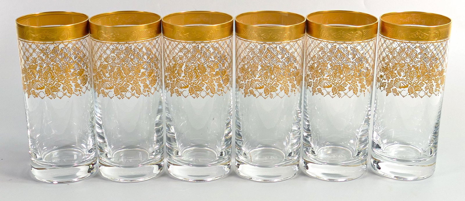 De Lamerie Fine Bone China heavily gilded glass crystal Floral Trellis patterned tumblers, specially: De Lamerie Fine Bone China heavily gilded glass crystal Floral Trellis patterned tumblers, specially made high end quality items, Made in England, height 14.5cm (6)