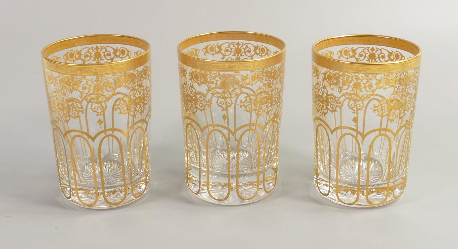 De Lamerie Fine Bone China heavily gilded Glass Crystal Exotic Garden Patterned Whiskey Glasses ,: De Lamerie Fine Bone China heavily gilded Glass Crystal Exotic Garden Patterned Whiskey Glasses , specially made high end quality item, Made in England, height 9.5cm(3)
