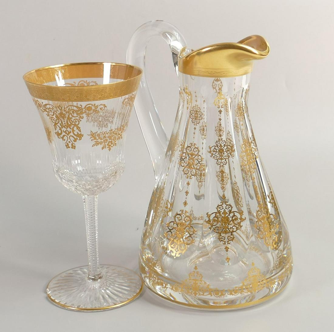 De Lamerie Fine Bone China heavily gilded Glass Crystal Exotic Garden Patterned Water Jug & Wine: De Lamerie Fine Bone China heavily gilded Glass Crystal Exotic Garden Patterned Water Jug & Wine Glass , specially made high end quality item, Made in England, tallest height 23cm(2)