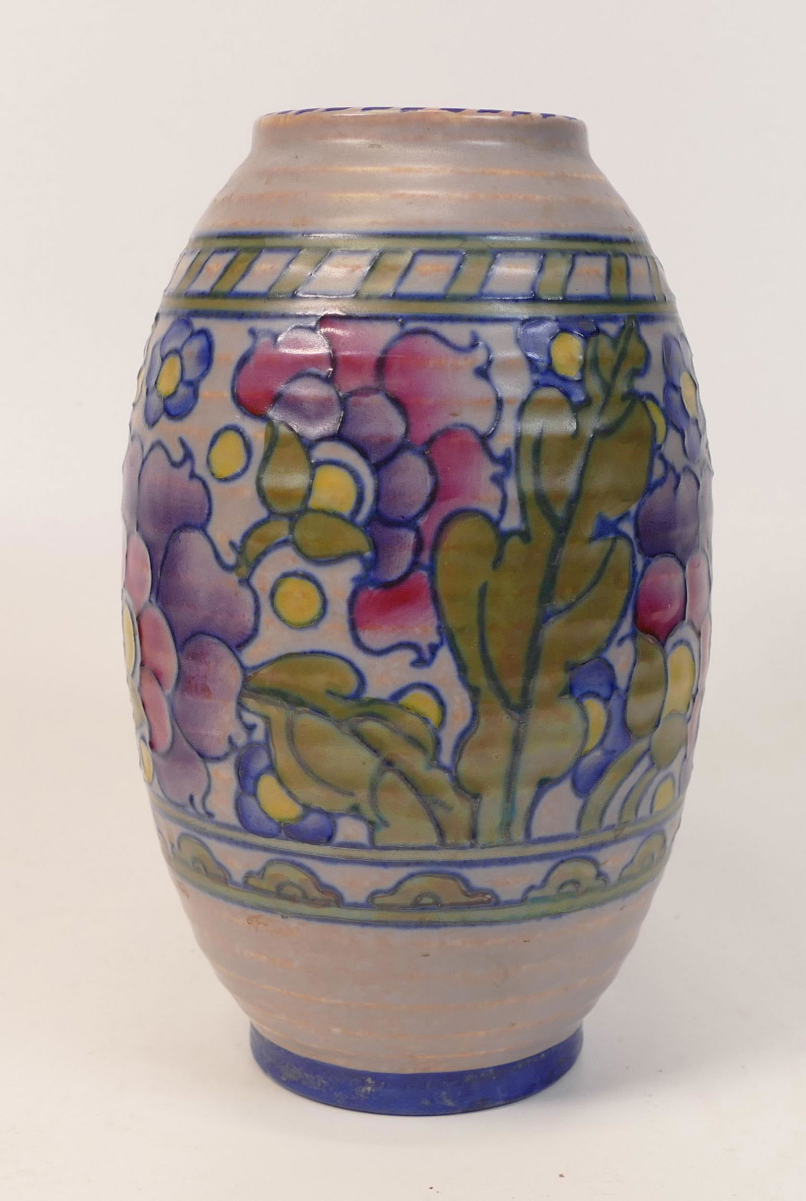 Crown Ducal Charlotte Rhead decorated with purple-petal rose, yellow, and blue flowers, height 18cm: Crown Ducal Charlotte Rhead decorated with purple-petal rose, yellow, and blue flowers, height 18cm