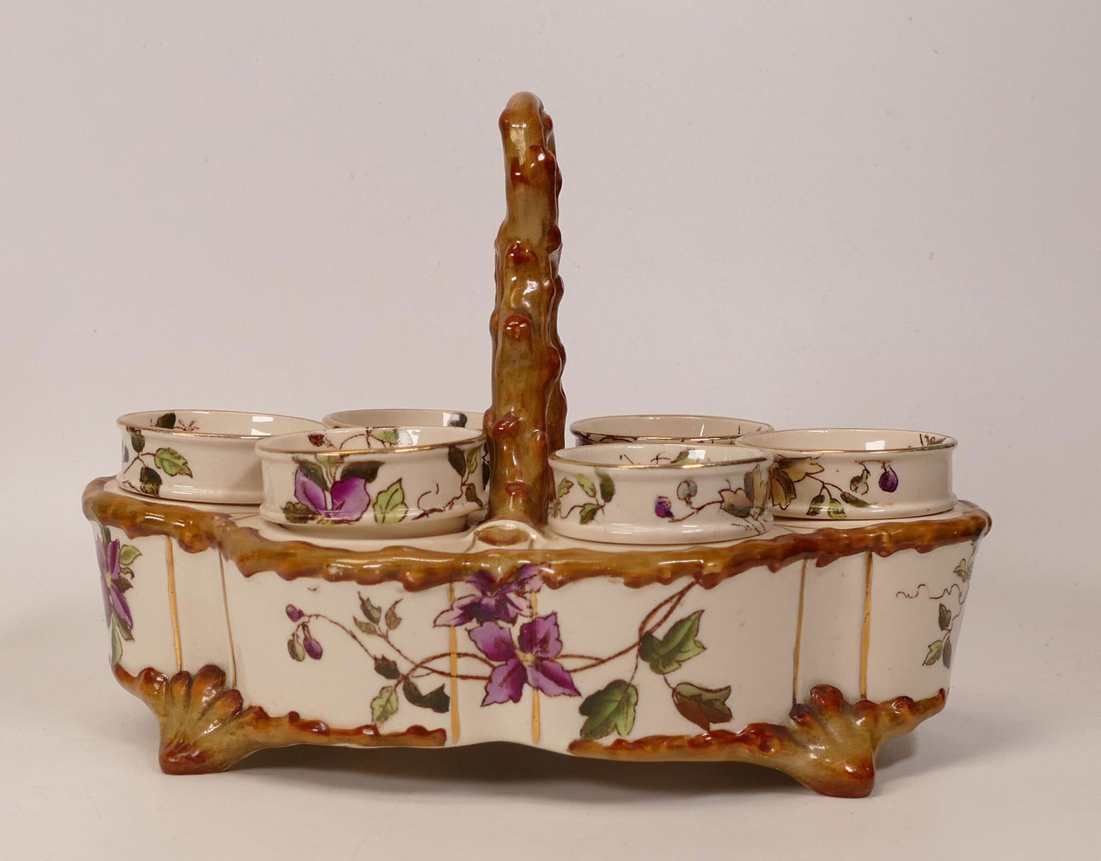 Carlton Blush ware Floral Lemmatise Patterned Egg Cup Tray by Wiltshaw & Robinson, c1900, length: Carlton Blush ware Floral Lemmatise Patterned Egg Cup Tray by Wiltshaw & Robinson, c1900, length 20cm