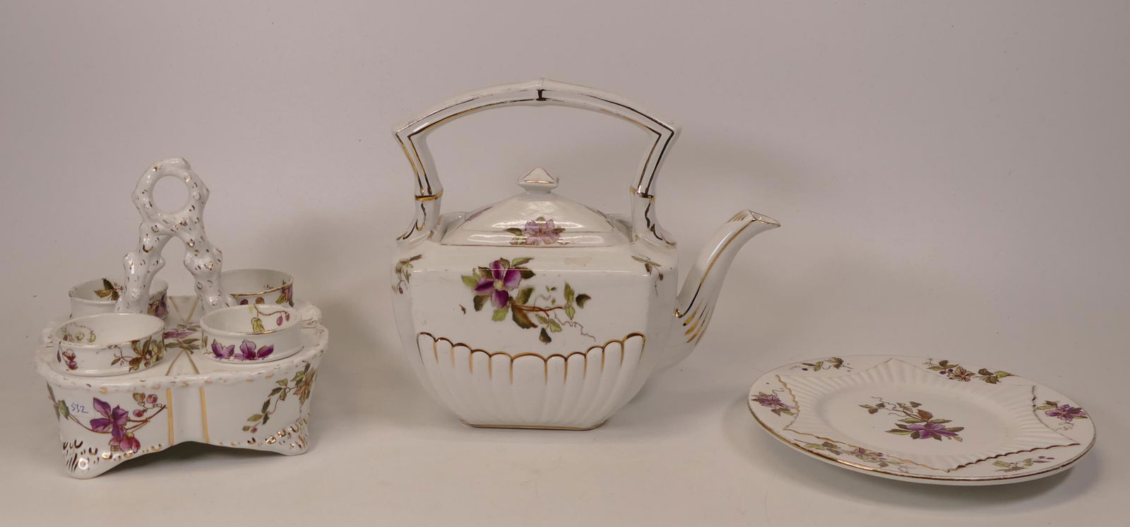 Carlton Blush ware Floral items to include Teapot, Plate & Egg Cup stand in Clematis Pattern Design: Carlton Blush ware Floral items to include Teapot, Plate & Egg Cup stand in Clematis Pattern Design by Wiltshaw & Robinson, c1900, height of tallest 17cmcm(3)