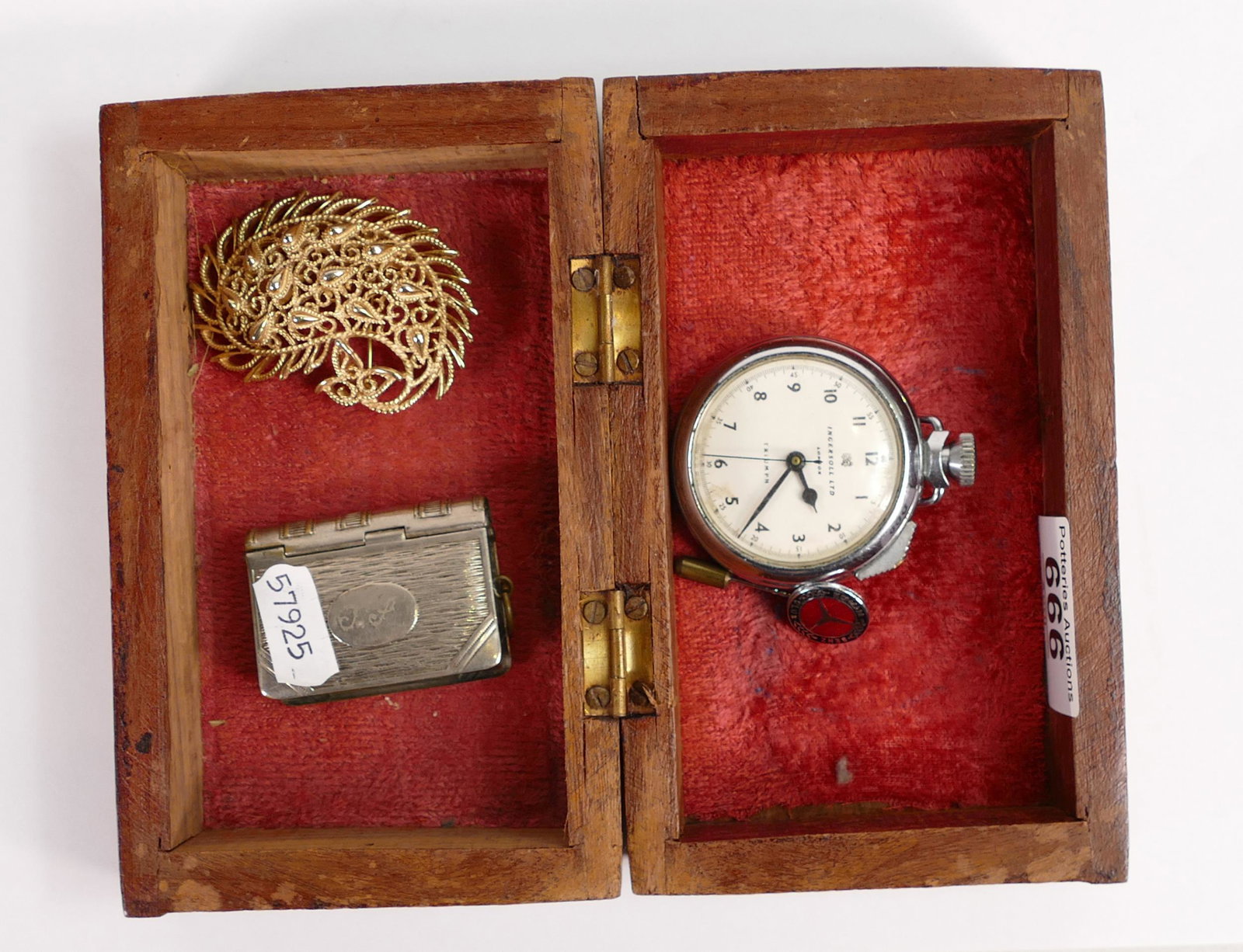 A mixed collection of items to include Ingersoll Triumph Stopwatch, White Metal Pill box, Mercedes: A mixed collection of items to include Ingersoll Triumph Stopwatch, White Metal Pill box, Mercedes Benz tie pin etc