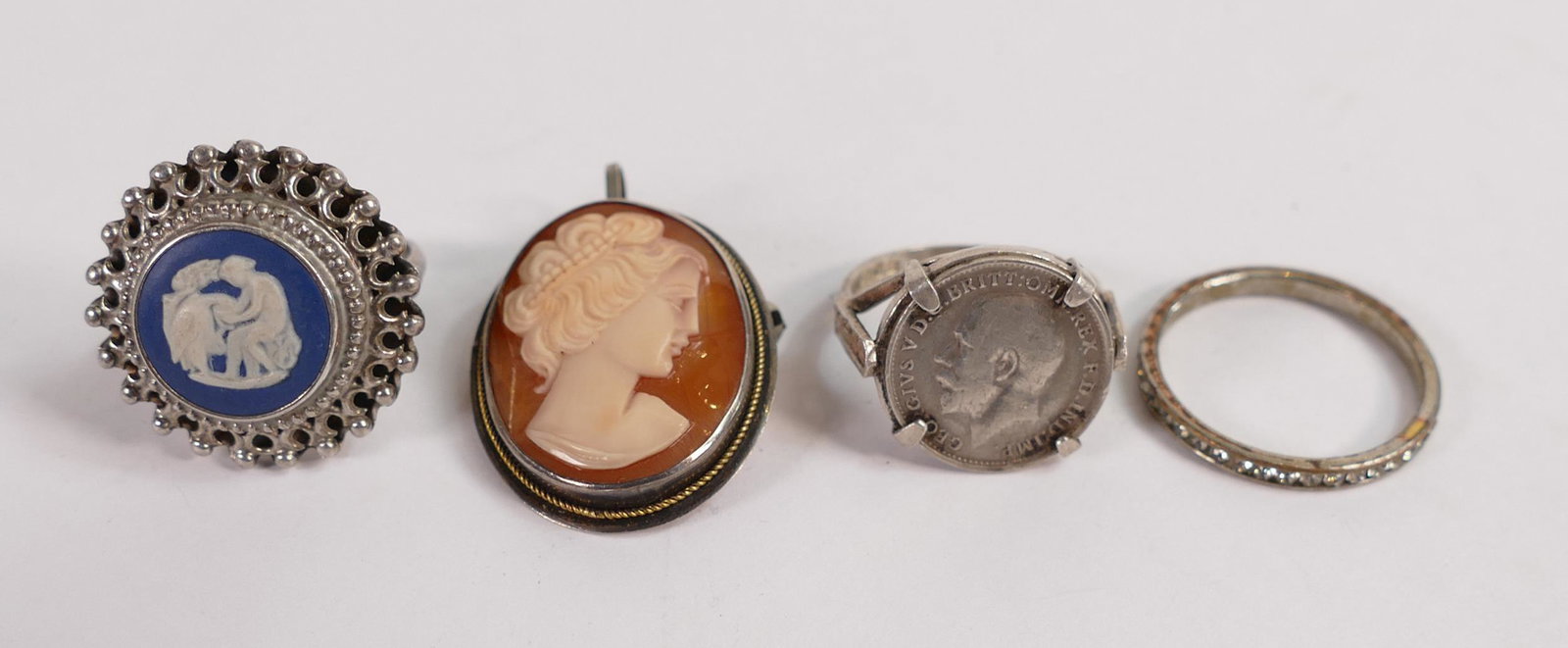 Wedgwood Jasperware Silver Mounted Ring, Cameo silver mounted pendant & silver threepenny coin ring: Wedgwood Jasperware Silver Mounted Ring, Cameo silver mounted pendant & silver threepenny coin ring