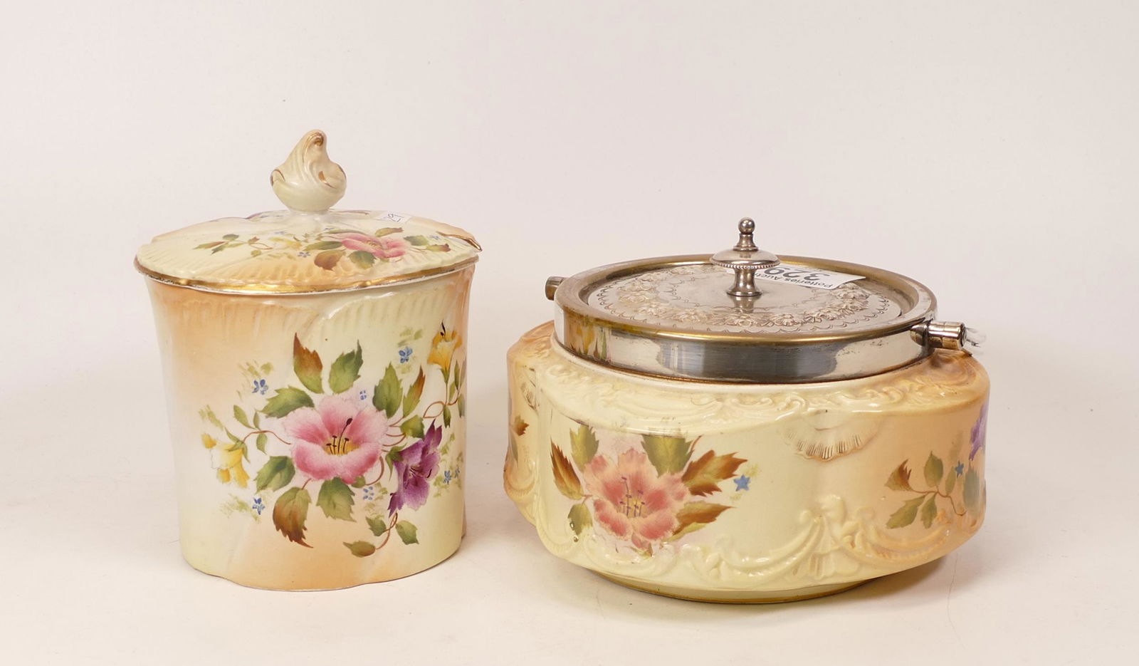 Carlton blush ware Condiment pots with Nasturtium Floral decoration, by Wiltshaw & Robinson,: Carlton blush ware Condiment pots with Nasturtium Floral decoration, by Wiltshaw & Robinson, C1900,height of tallest 19cm