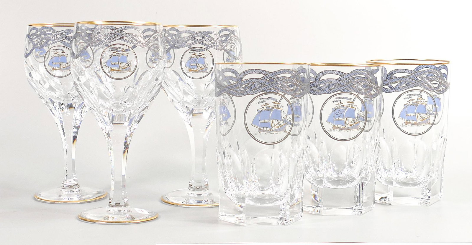 De Lamerie Fine Bone China Rope & Tassel Patterned Tumblers & Wine Glasses , specially made high end: De Lamerie Fine Bone China Rope & Tassel Patterned Tumblers & Wine Glasses , specially made high end quality item, Made in England, height of tallest 15cm(6)