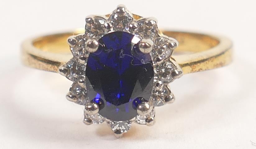 Tru Diamonds synthetic sapphire & white stone cluster ring, size R/S, with unknown metal setting. (1 of 2)