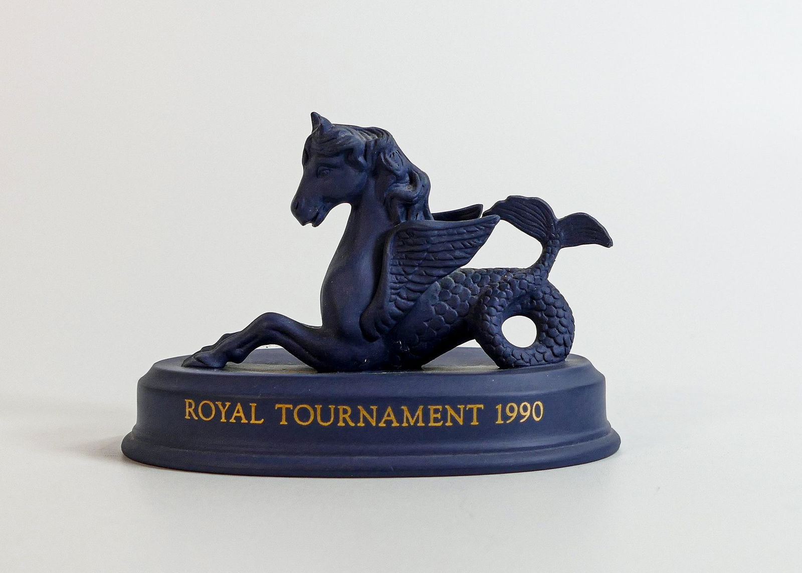 Wedgwood Royal Tournament 1990 Hippocampus Portland blue Jasper ware figure, length 11cm: Wedgwood Royal Tournament 1990 Hippocampus Portland blue Jasper ware figure, length 11cm