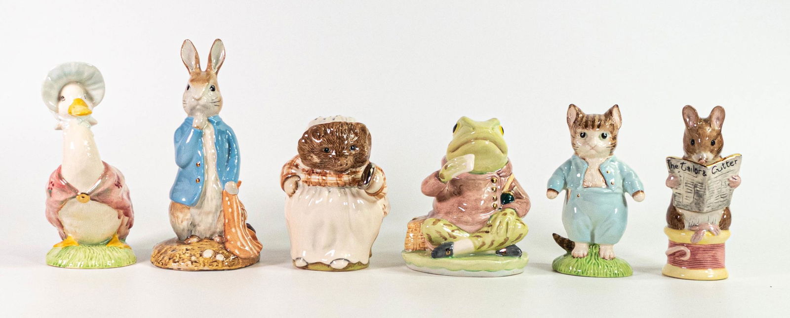 Six Beswick large size gold limited edition Beatrix Potter figures to include Tom Kitten, Mrs Tiggy: Six Beswick large size gold limited edition Beatrix Potter figures to include Tom Kitten, Mrs Tiggy Winkle, Tailor of Gloucester, Peter and the Red Pocket Handkerchief, Jeremy Fisher and Jemima Puddle