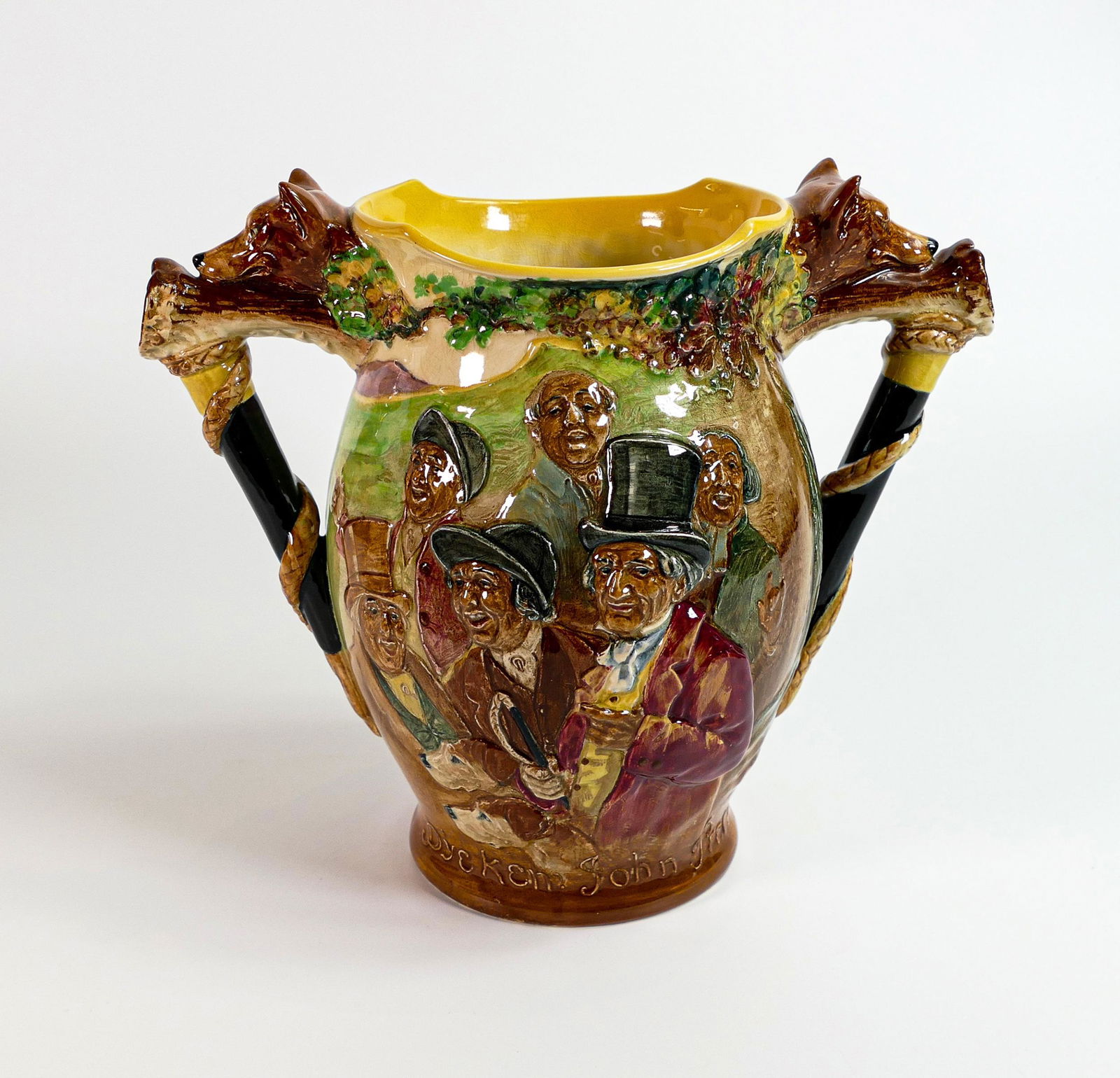 Royal Doulton early loving cup John Peel, limited edition of 500 in 1933, this example is marked: Royal Doulton early loving cup John Peel, limited edition of 500 in 1933, this example is marked "Proof Before Numbers"and not a numbered edition, h.23cm.