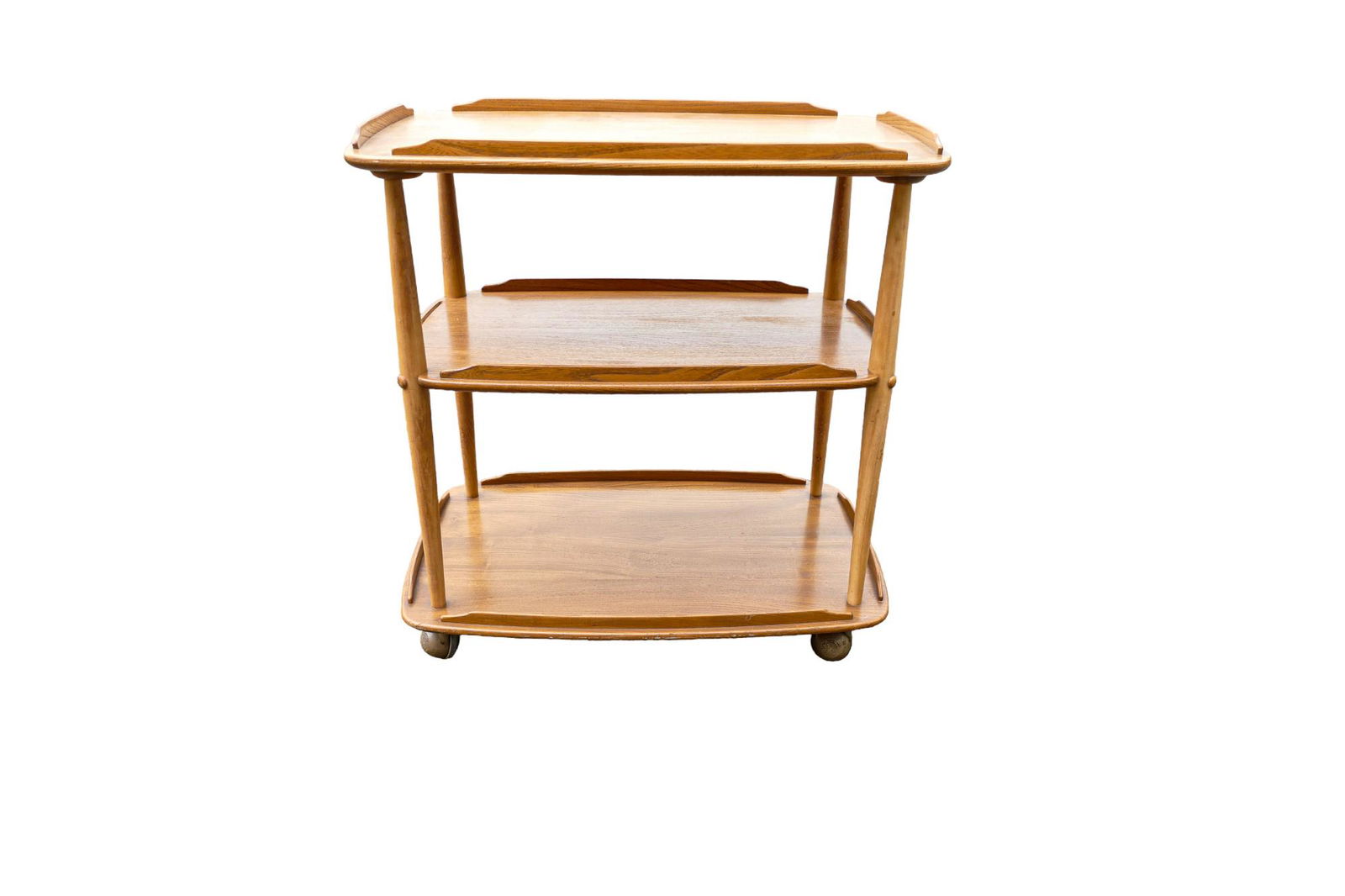 Late 20th century Light coloured Ercol three tier Hostess trolley, length 72cm, depth 46cm & height: Late 20th century Light coloured Ercol three tier Hostess trolley, length 72cm, depth 46cm & height 74cm