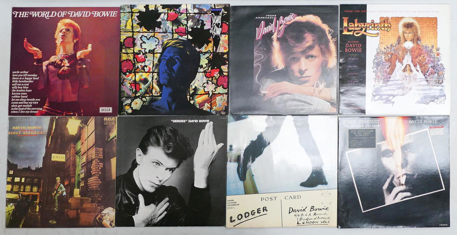 A collection of David Bowie LPs to include Ziggy Stardust, The World of David Bowie, Heroes, Lodger, (1 of 2)