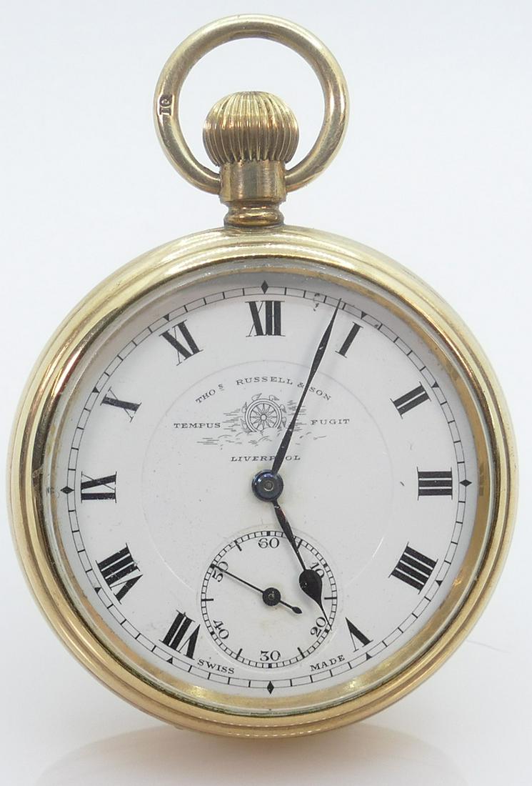 Thomas Russell Liverpool gold plated open faced gents pocket watch, winds, ticks, sets and runs (1 of 3)