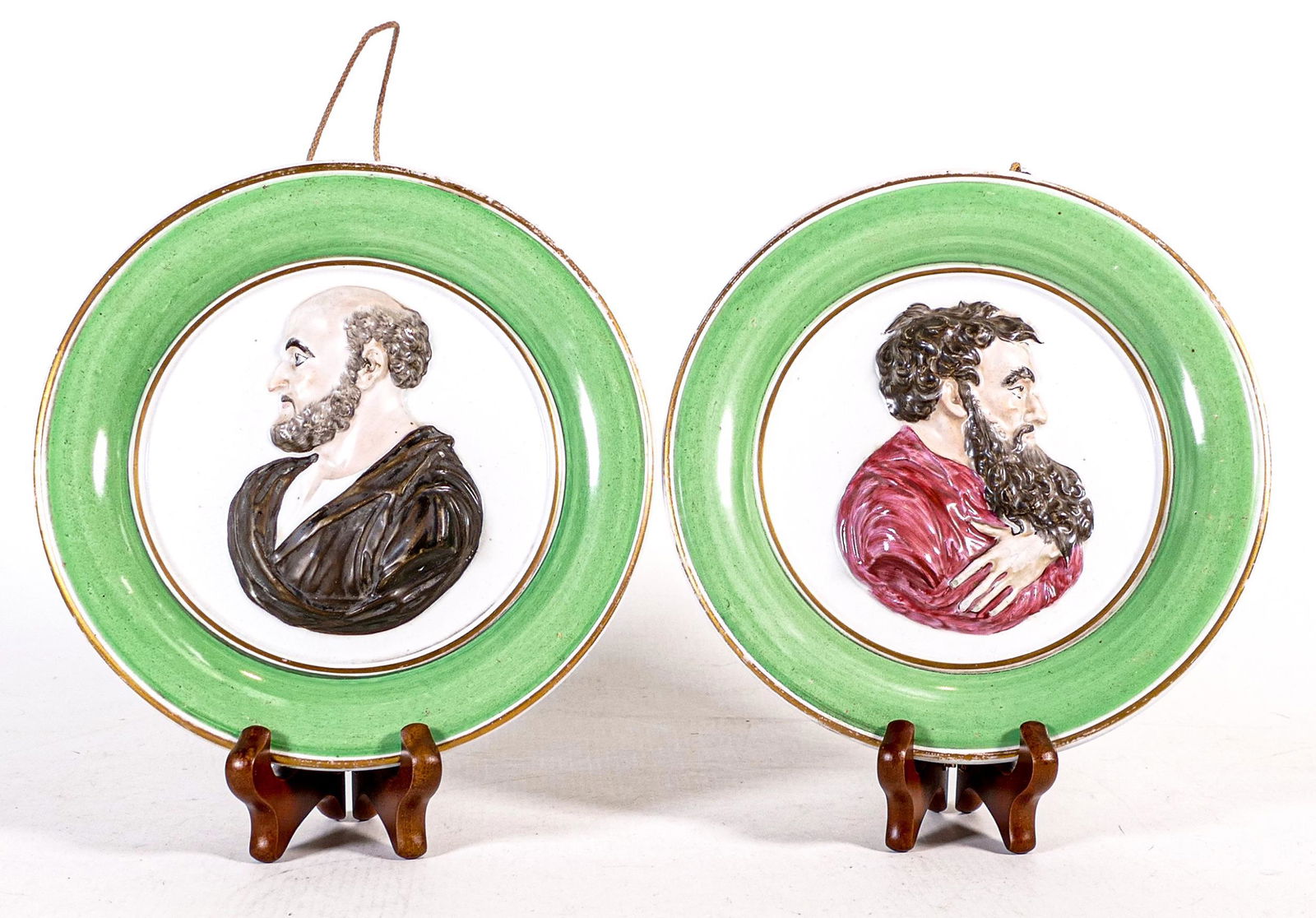 Pair of Staffordshire Pearlware plaques, depicting two figures of antiquity in overglaze enamels (1 of 4)