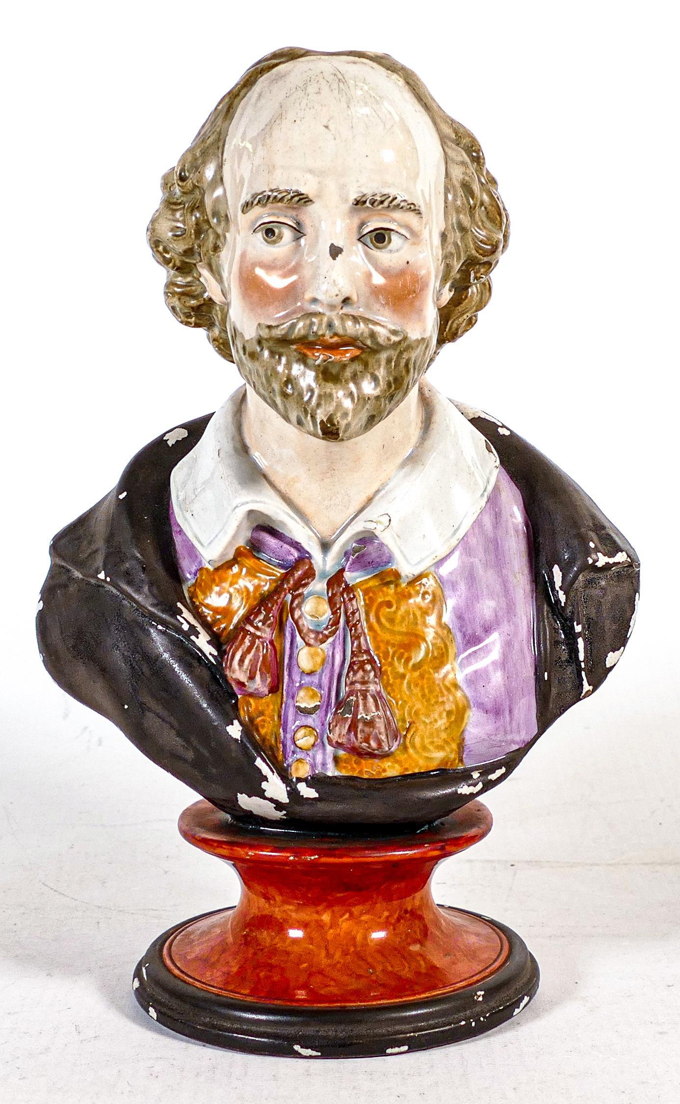 Staffordshire Pearlware bust of William Shakespeare, decorated in overglaze enamels on red patterned (1 of 4)