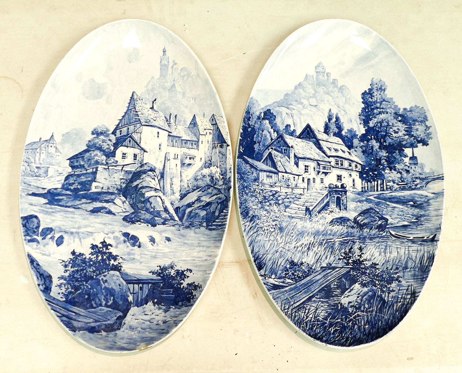 Two large Villeroy & Boch Dresden early 20th century oval blue and white chargers with Bavarian (1 of 3)