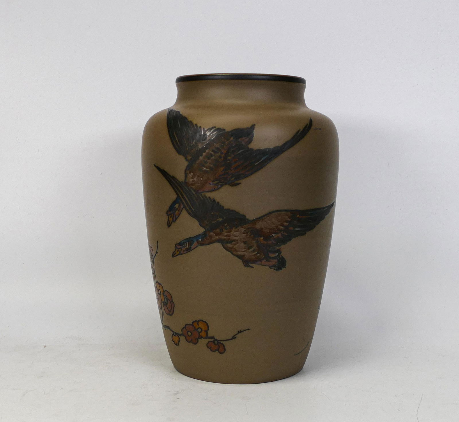 Danish studio pottery vase with hand painted bird decoration. L. Hjorth, height 19.5cm (1 of 3)