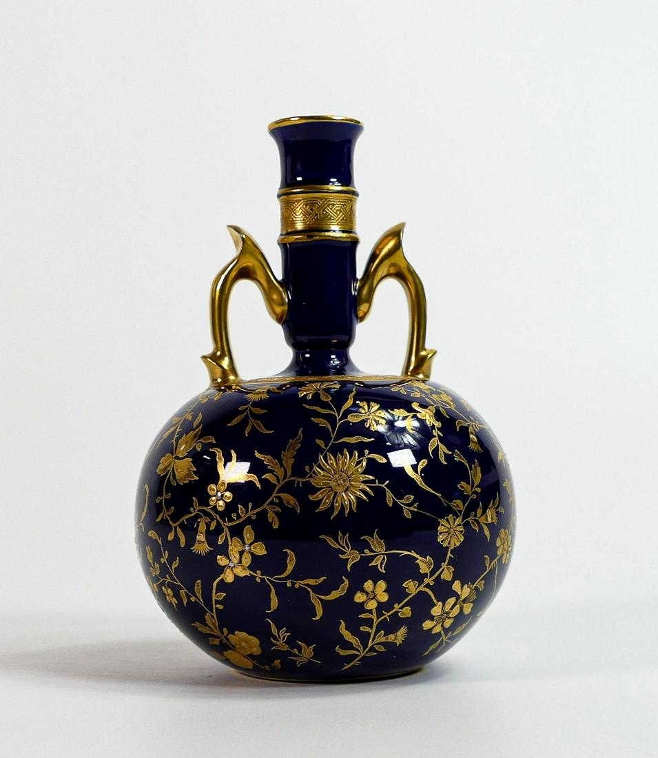 Mintons aesthetic gilded two handled vase, cobalt blue ground with gilded floral decoration, h16cm. (1 of 5)