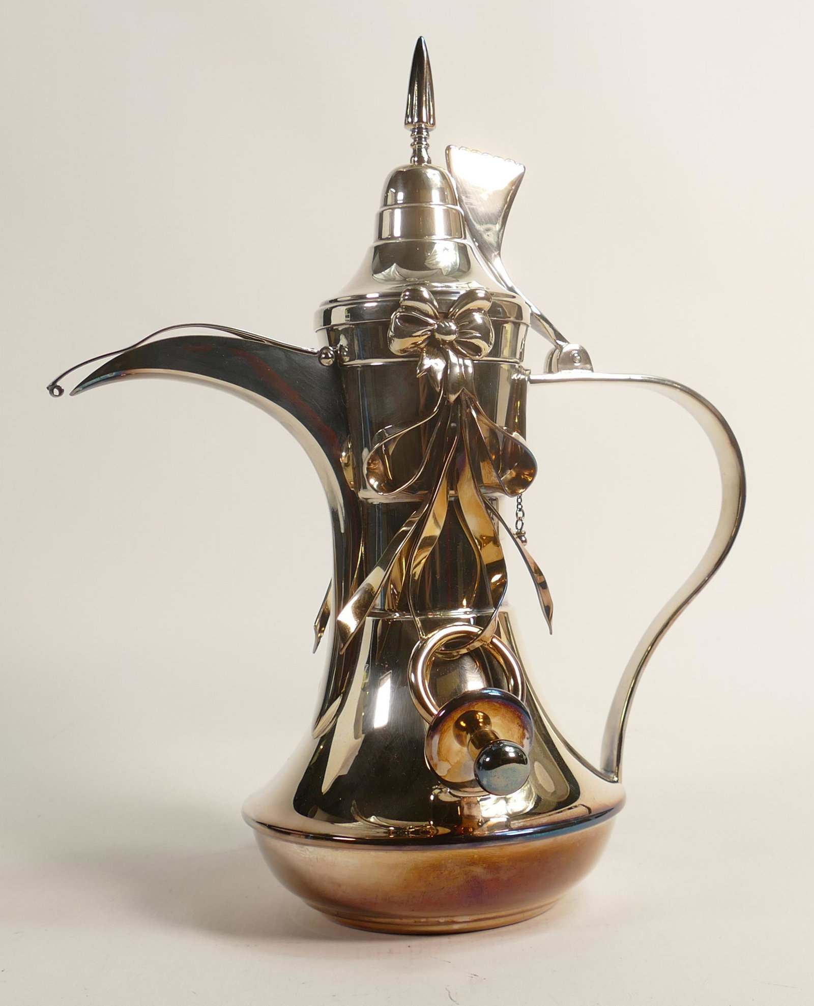 De Lamerie Fine large silverware plated Arabic Finjan coffee pot with ribbons & child's pacifier /: De Lamerie Fine large silverware plated Arabic Finjan coffee pot with ribbons & child's pacifier / dummy decoration in presentation bag, specially made high end quality item, height 32cm