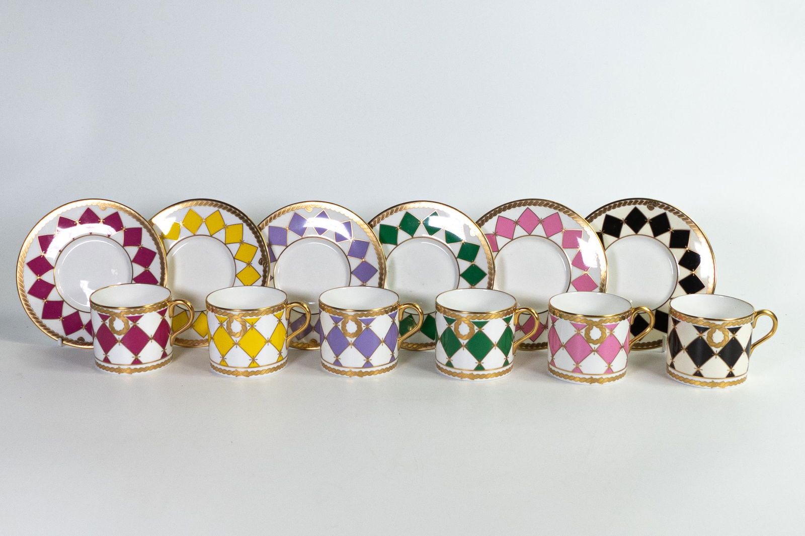 De Lamerie set of six Harlequin checker cups & saucers, specially made high end quality items, Made (1 of 4)