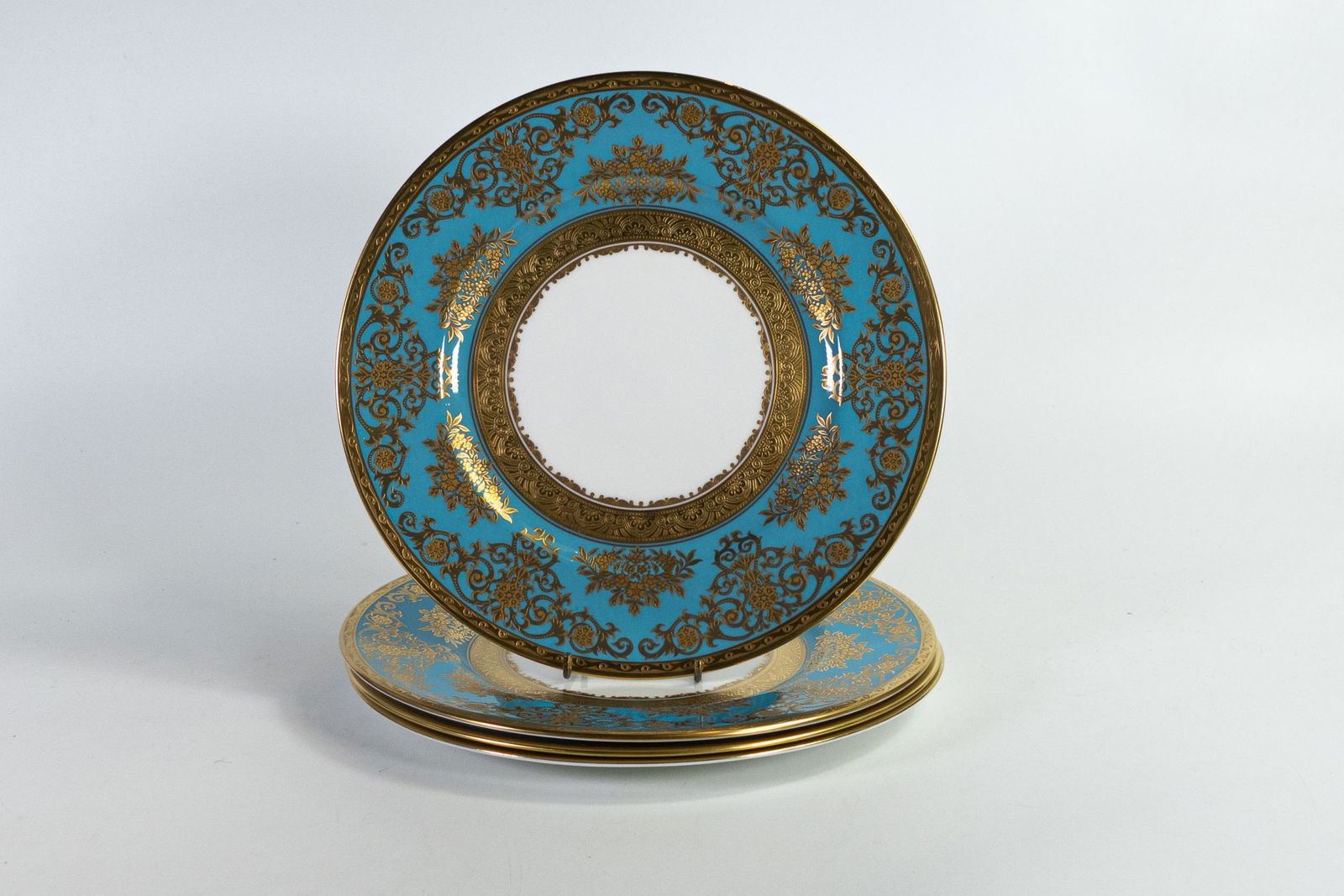 Set of four De Lamerie Elegance pattern plates, turquoise and gold gilding, specially made high end (1 of 3)