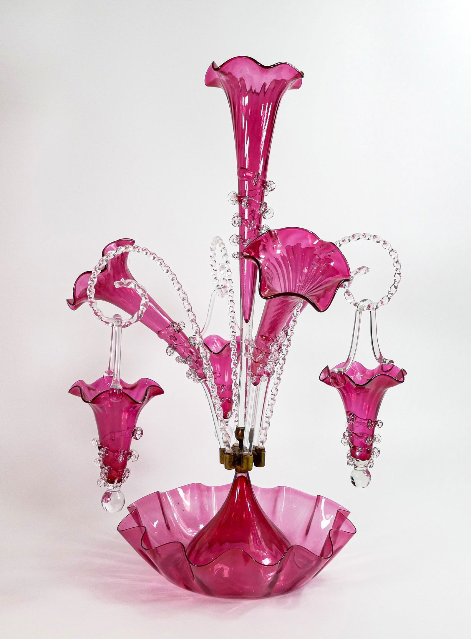 Large ornate Ruby glass Epergne with six stems & 3 droppers, height 56cm (1 of 2)